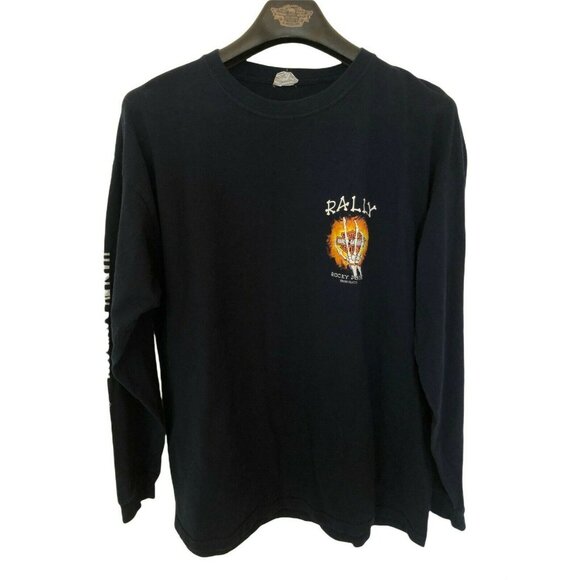 Yazbek Harley Davidson Dark Blue Long Sleeve T Shirt Skeleton Hand Flame Design - Picture 1 of 7
